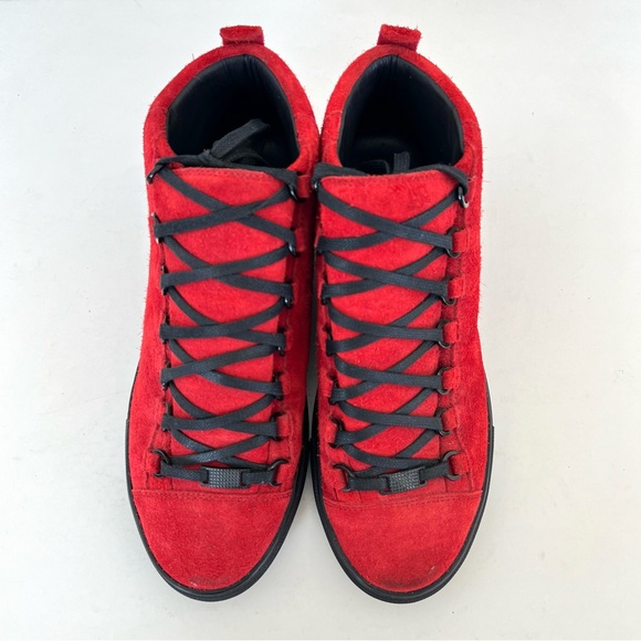 BALENCIAGA Arena Pavot Red Suede Black Trim High Top Lace Up Sneakers Sz 39 - Picture 4 of 16